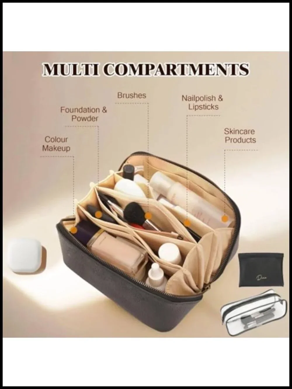 Waterproof Vegan Leather Travel Makeup Bag Organizer with Compartments &